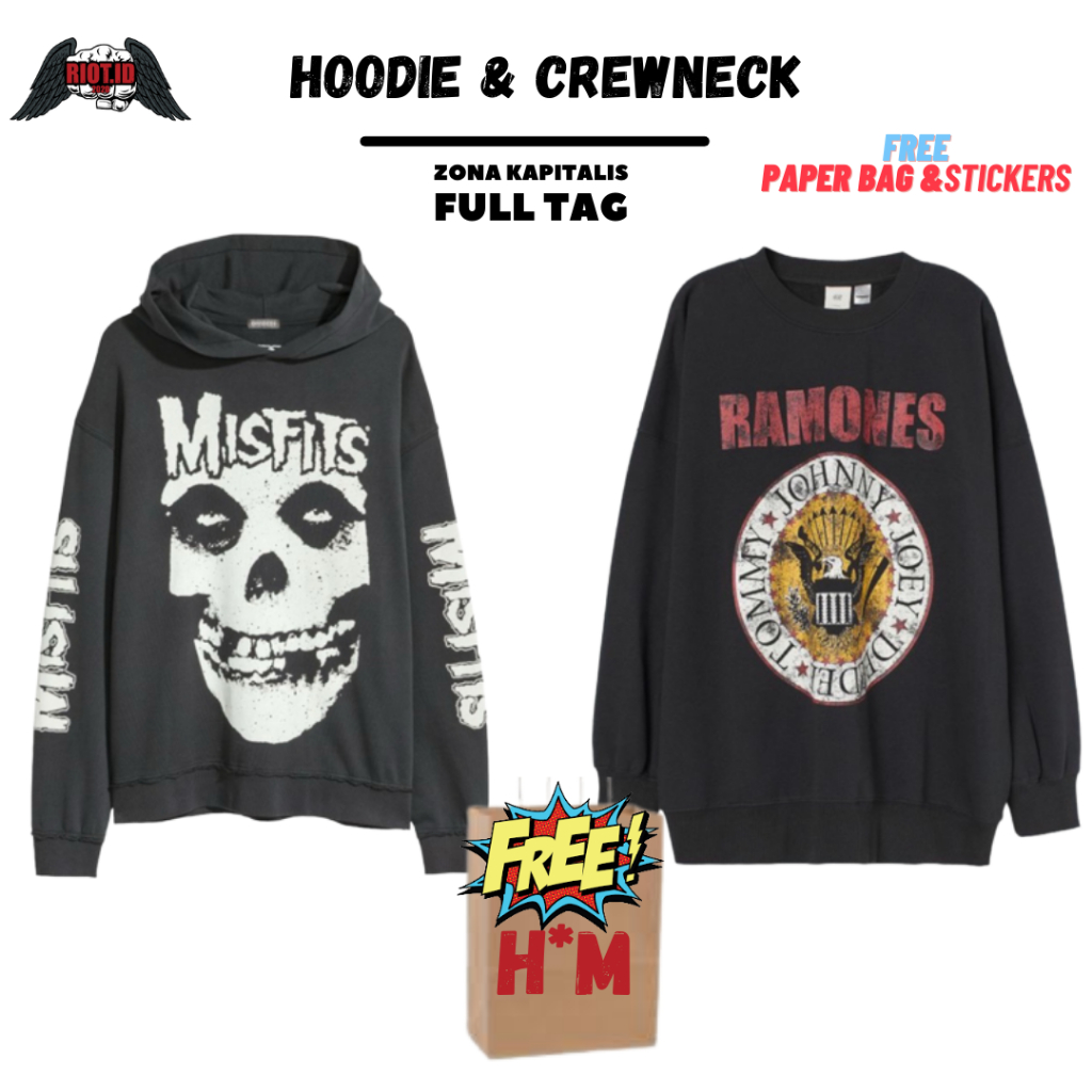 (3.3) Hoodie Crewneck HM MISFITS Ramones Hitam Drak Grey HnM FREE PAPER BAG Full Tag Sweater Hoodie 