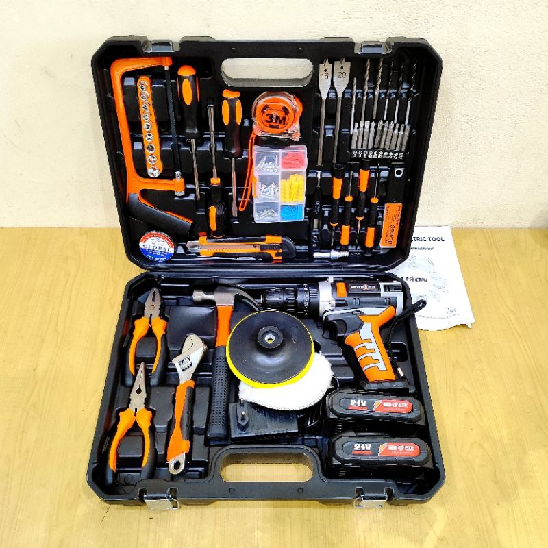 Bor Baterai Cordless 21V + Toolkit Set Lengkap SHINING Profesional Serbaguna