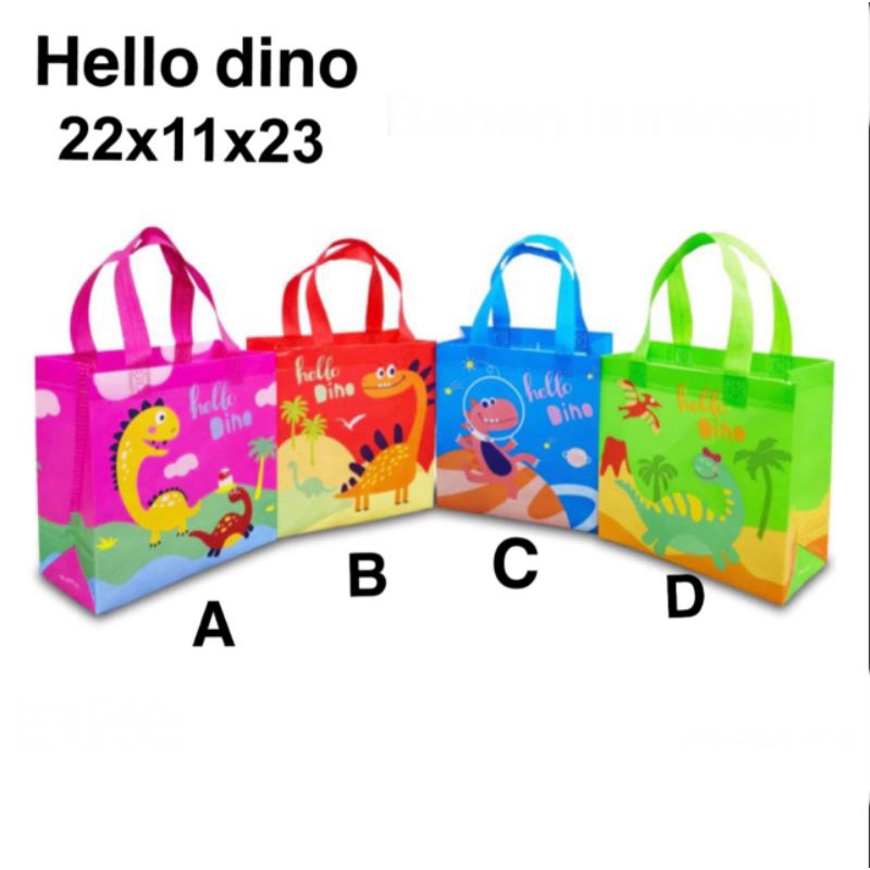 

(1 lusin ) TOTE BAG GOODIE BAG TAS ULANG TAHUN ANAK HELLO DINO Goodiebag tas souvenir ulang tahun anak tas karakter 22x11x23 Tas Souvenir Ulang Tahun Anak Goodiebag Motif Kartun Premium