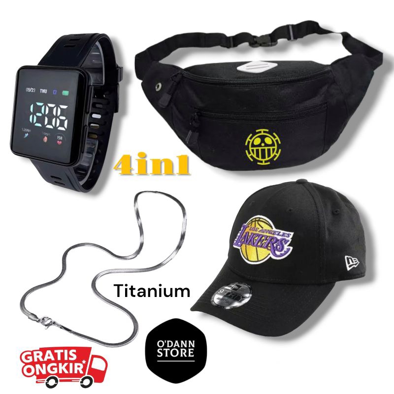 PAKET SERUNYA LOKAL 4IN1- WAISBAG TERBARU JAM LED TOPI TRACKER KALUNG TITANIUM