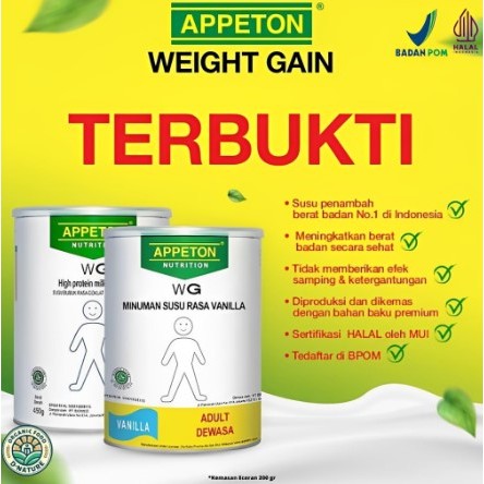 

PROMO !!! KHUSUS HARI INI !!! Susu Appeton WG 200gr Tambah Berat Badan Tinggi Protein