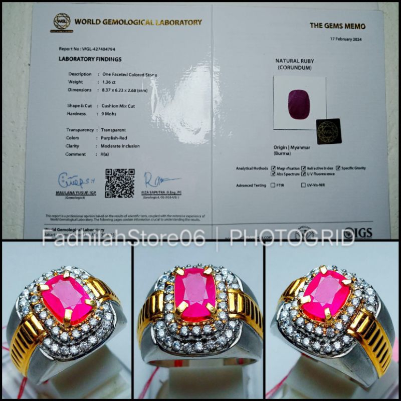 Cincin Perak Natural Pinkish Red Ruby Burma Cushion Top Luster + Sertifikat Lab