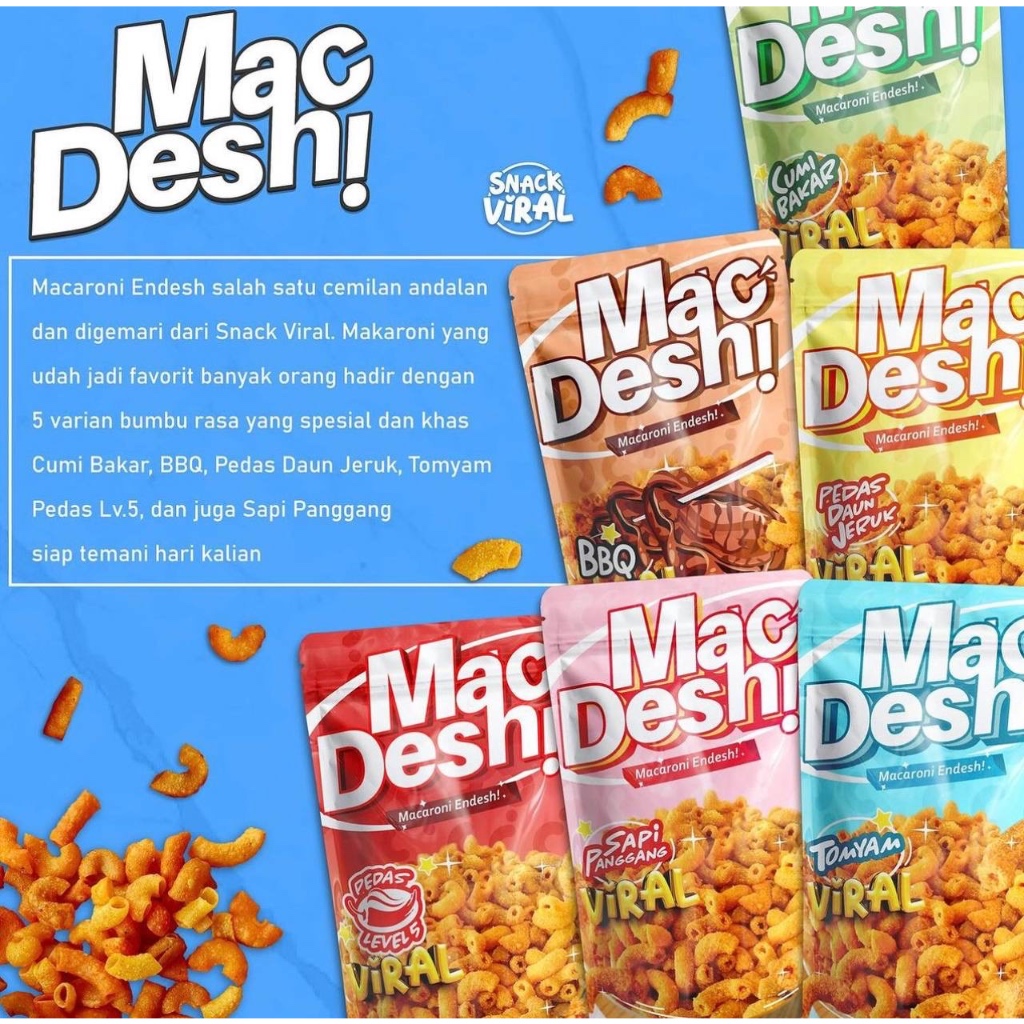 

Snack Viral Macaroni Desh! (MacDesh!) - 50 gram - Jajanan, Cemilan Kekinian Makaroni