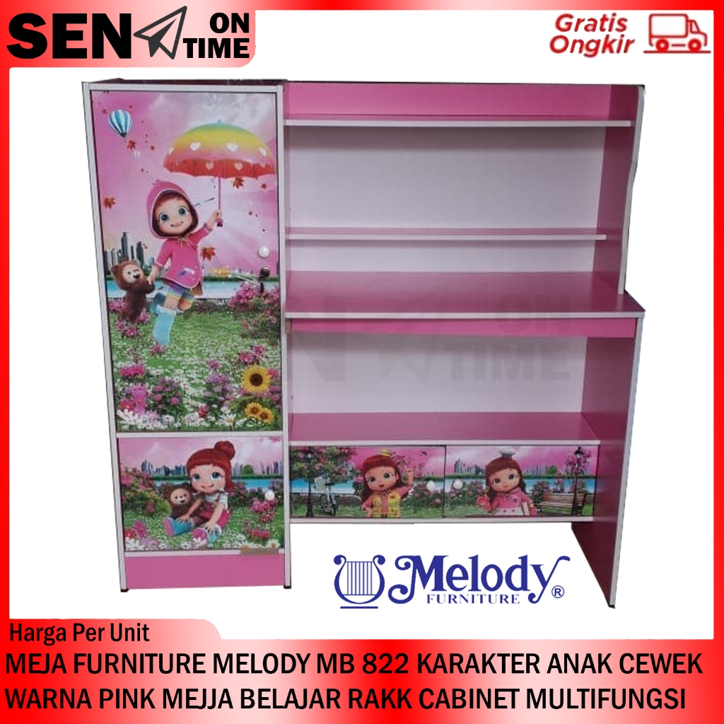 [Kargo] Meja Furniture Melody Mb 822 Karakter Anak Cewek Warna Pink Table Belajar Rakk Cabinet Multi