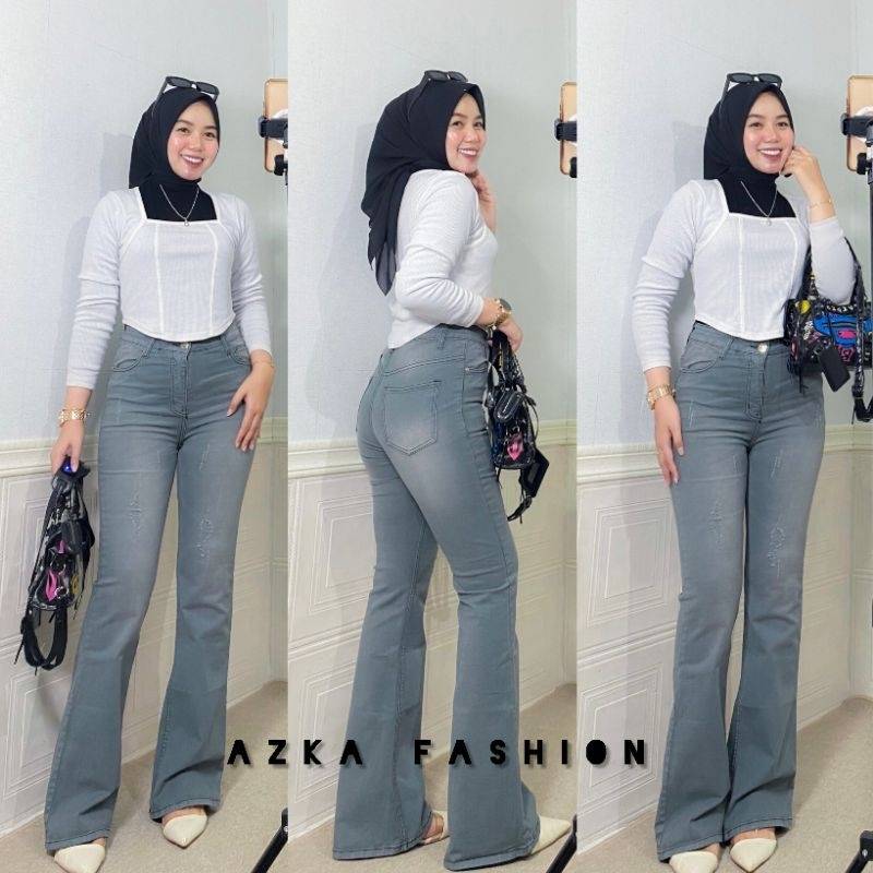 Azka - Celana Jeans Cutbray Highwaist Wanita Sobek Lapis Softjeans