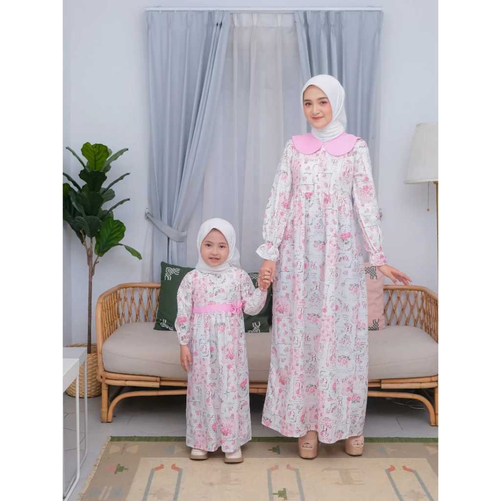 BAJU LEBARAN GAMIS COUPLE PINK ROMANCE IBU DAN ANAK  BAYI NEWBORN SAMPAI ANAK 12 TAHUN