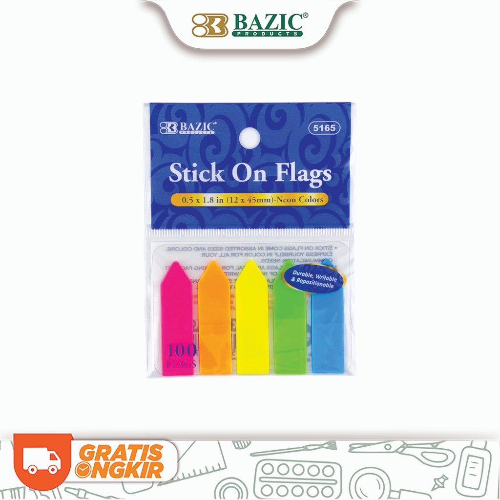 

Bazic Stick On Flags Neon Colors 12 x 45mm (5/Pack) - Penanda Halaman / Pembatas Buku