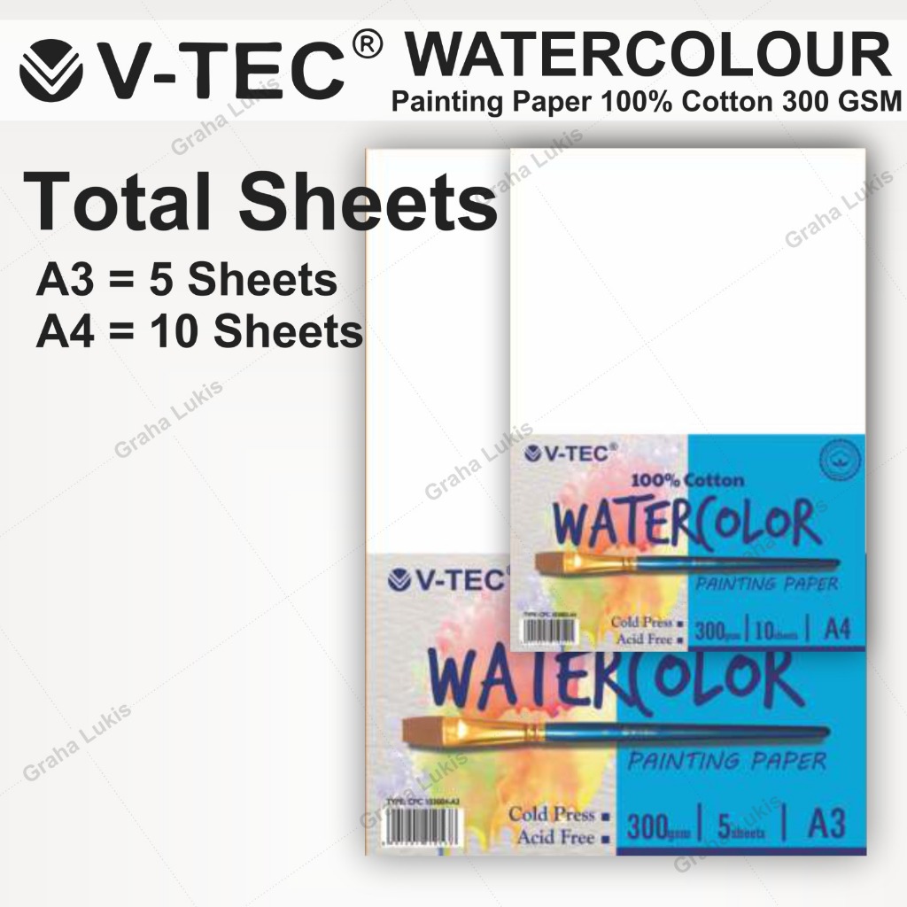 

V-TEC 100 % Cotton Watercolour Paper A4 300 Gsm - Lembaran