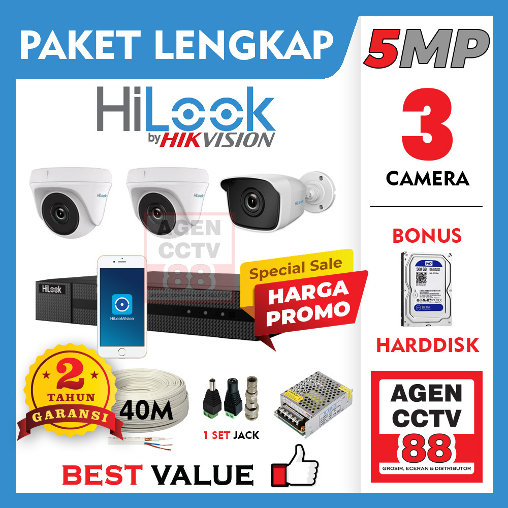 Paket CCTV HILOOK 5MP 3 Channel Kamera 3CH Lengkap Hardisk + Kabel