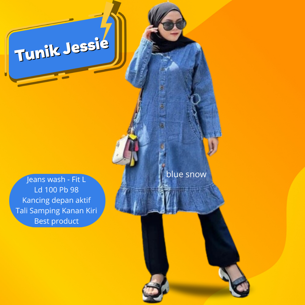 Baju Tunik Jeans Atasan Wanita matt Jeans Wash Lengan Panjang Kancing Depan Aktif Tali Samping Kanan