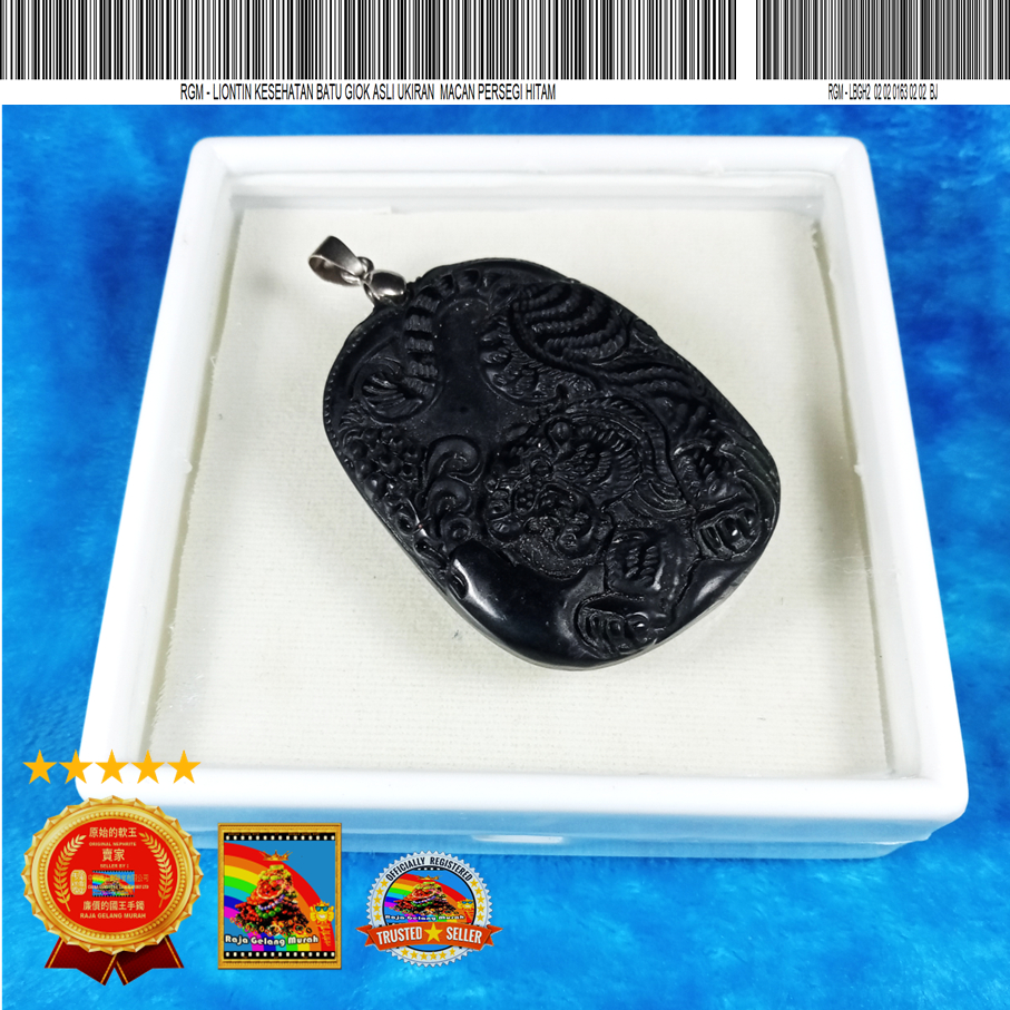 RGM Liontin Kesehatan Batu  Giok Asli Ukiran Macan Persegi  Hitam
