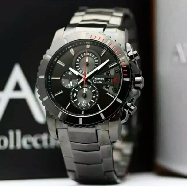 ORIGINAL GARANSI RESMI JAM TANGAN PRIA ALEXANDRE CHRISTIE FULL BLACK RANTAI STAINLESS STEEL COWOK AR