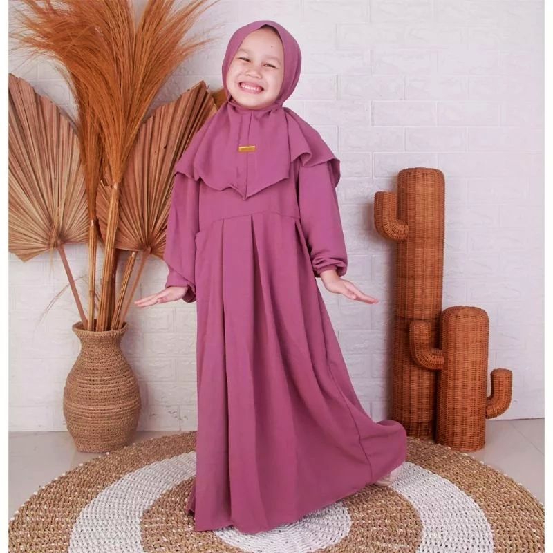 Gamis Anak Perempuan Syar'i Free Kerudung Bergo Crincle Airflow Plus Khimar Umur 5-13 Tahun