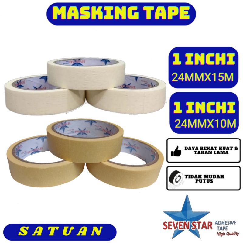 

Lakban Kertas Seven Star Masking Tape 1 inchi 24mmx10m Dan 24mmx15m Satuan