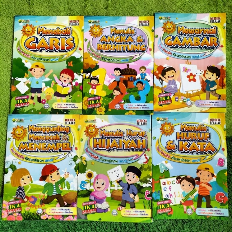 BUKU PAKET TK DAN PAUD ISI 6 BUKU SEMESTER 1 TK A MENULIS HURUF KATA MENEBALI GARIS ANGKA BERHITUNG 