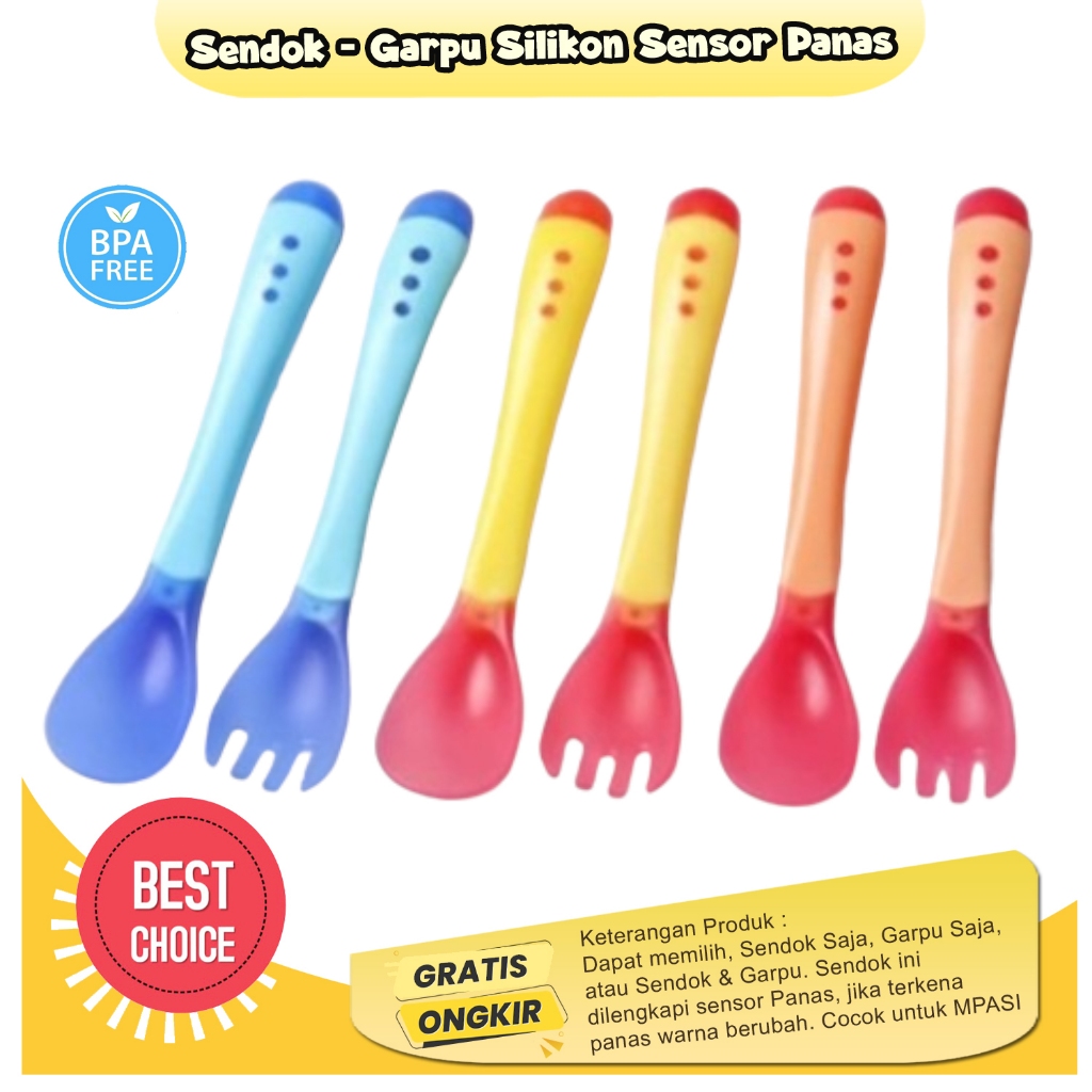 Sendok Garpu Silikon Sendok Sensor Panas Untuk Bayi Mpasi