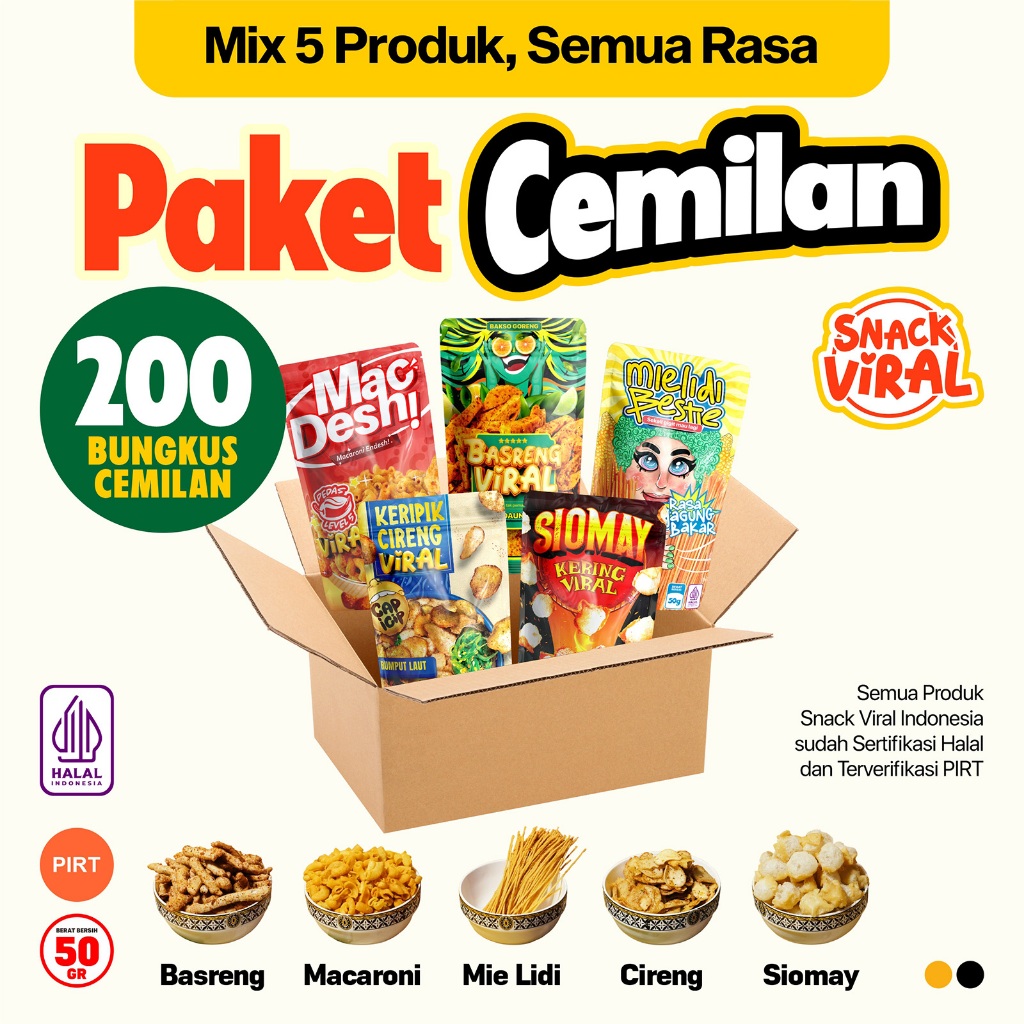 

Snack Viral - Paket Cemilan 200 Bungkus - Basreng, Makaroni, Mie Lidi, Keripik Cireng, Siomay - Usaha Murah