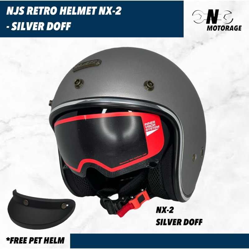 Helm Motor NJS NX-2 Half Face Retro - Silver Doff + Free Pet Helm