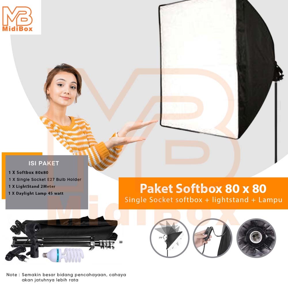 Paket Softbox Lighting Midio E2 Softbox 80X80 Plus Tripod Stand 2M Plus Lampu Untuk Cahaya Studio