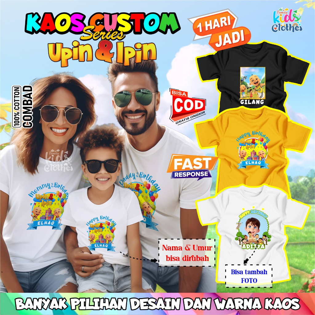 [FREE NAMA] KAOS ULTAH ANAK GRATIS TAMBAH NAMA DAN FOTO TEMA UPIN IPIN / KAOS COUPLE ULTAH KELUARGA