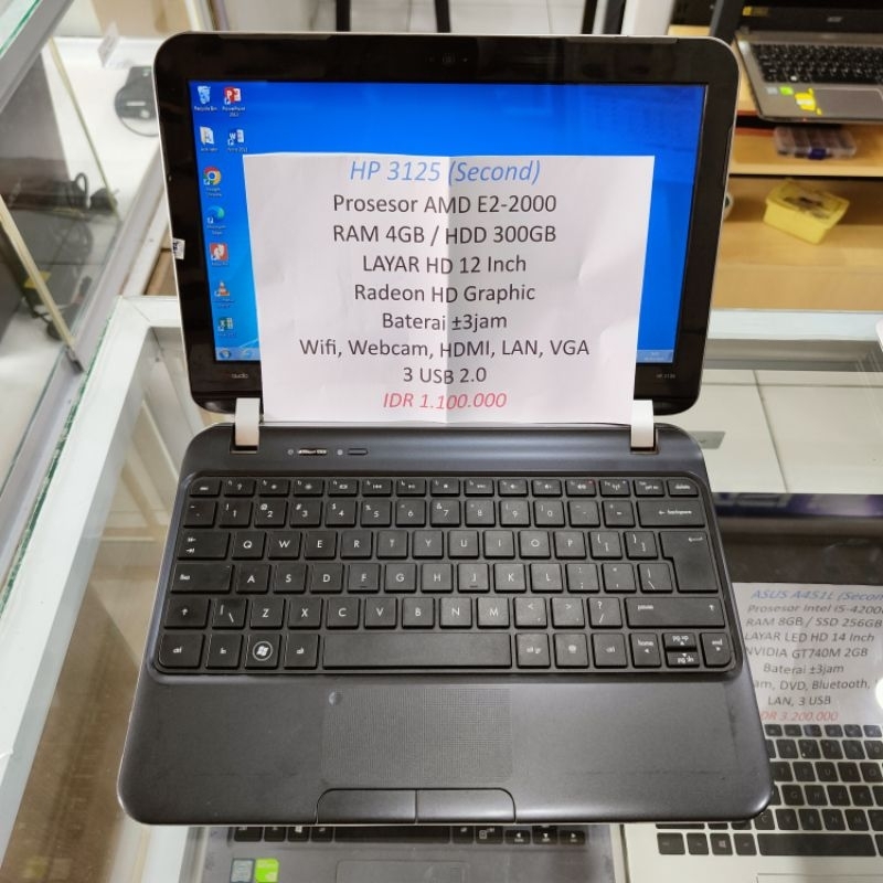 Second LAPTOP HP 3125 12inch Amd E2 2000 Ram 4Gb Hdd 300Gb Netbook Bekas Seken Murah