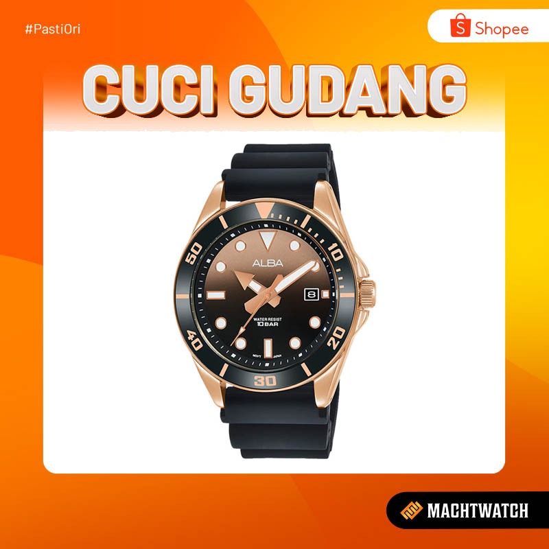 Promo Cuci Gudang Alba Active AG8K20X1 Men Dark Brown Gradation Dial Black Rubber Strap [No Box]
