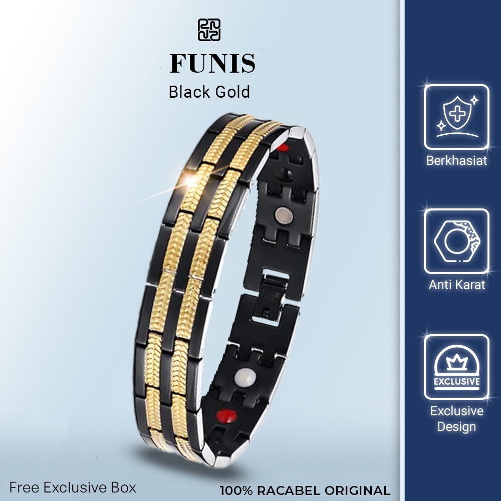 Racabel Funis Hitam Emas - Gelang Batu Magnet Obat untuk Kesehatan Wanita dan Pria