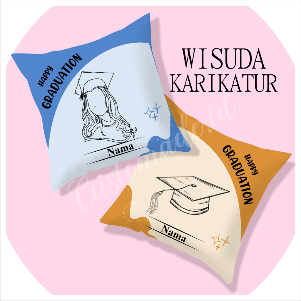 Bantal Wisuda Karikatur 30X30cm - Bantal Custom - Kado Wisuda - Graduation Cowok - Happy Graduation
