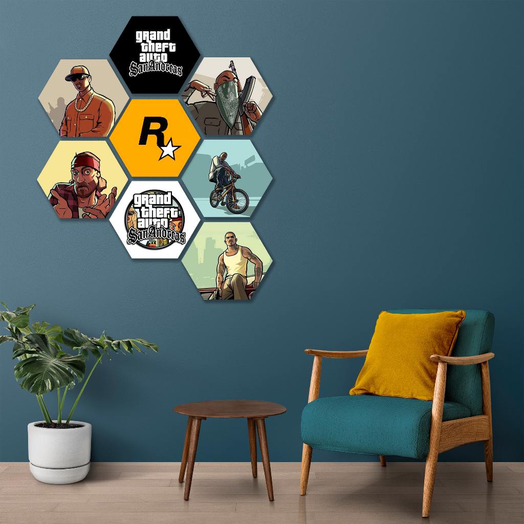 (PAKETAN ISI 8 PCS) HIASAN DINDING HEXAGONAL DESIGN GAME GTA AESTHETIC / POSTER KAYU / WALL DECOR / 