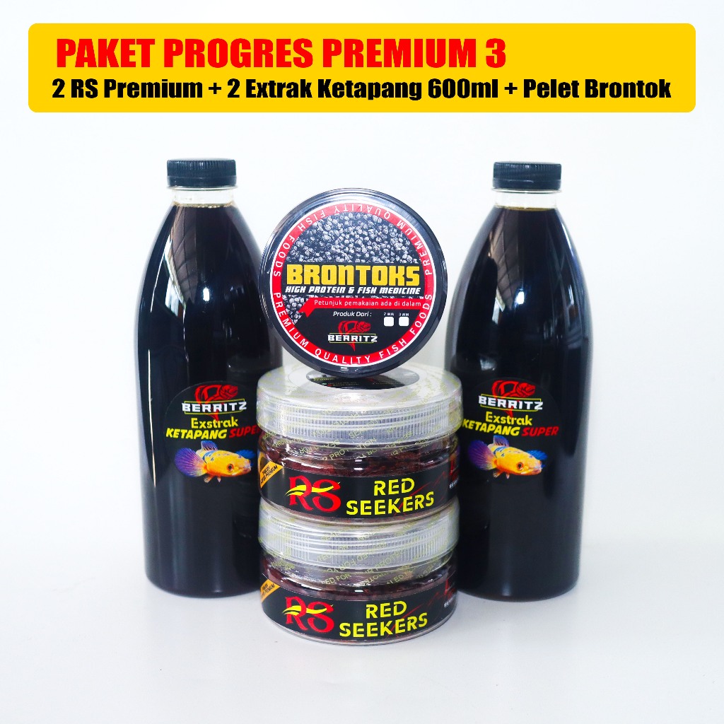 PAKET PROGRES PREMIUM 3 RS Premium Extrak Ketapang dan Pelet Brontok Berritz [Pakan ikan channa]