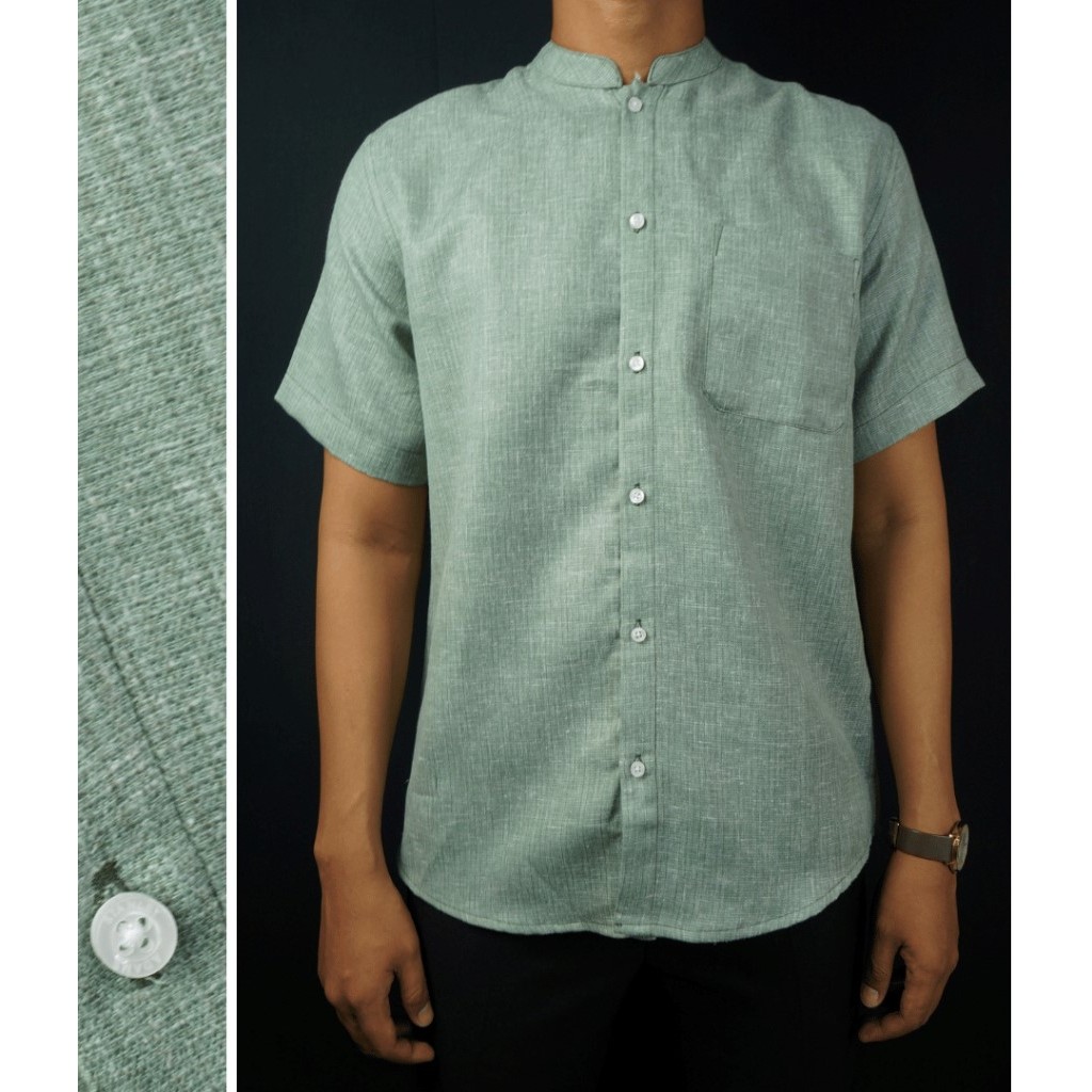 Baju Muslim Kemeja Koko Pria Lengan Pendek Stanley Adams Hijau Green Sage Kerah Shanghai Collar Bran