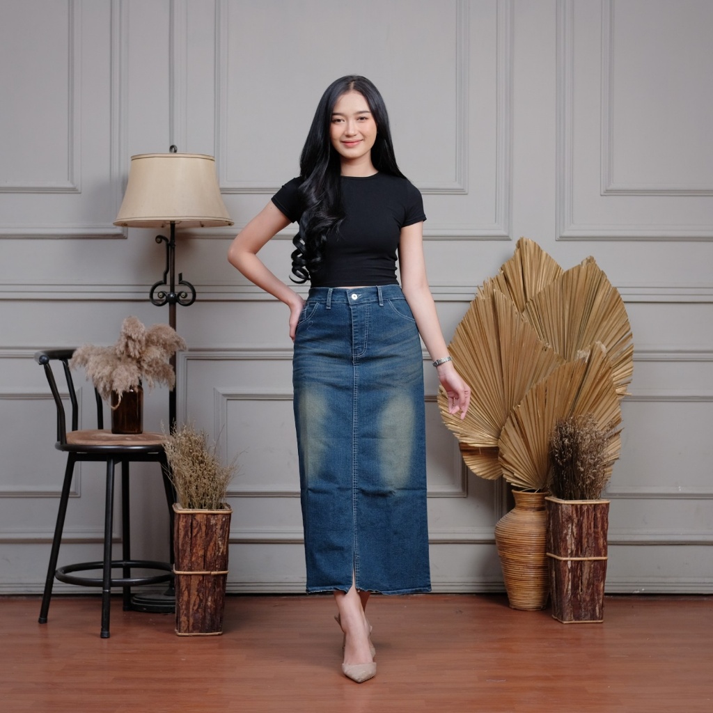 M&W Rok Jeans Wanita Highwaist Warna Retro Army Span Belah Depan Premium