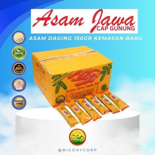 

ASAM JAWA 150 GR 1 DUS KEMASAN BARU ASAM TANPA BIJI ASAM DAGING CAP GUNUNG