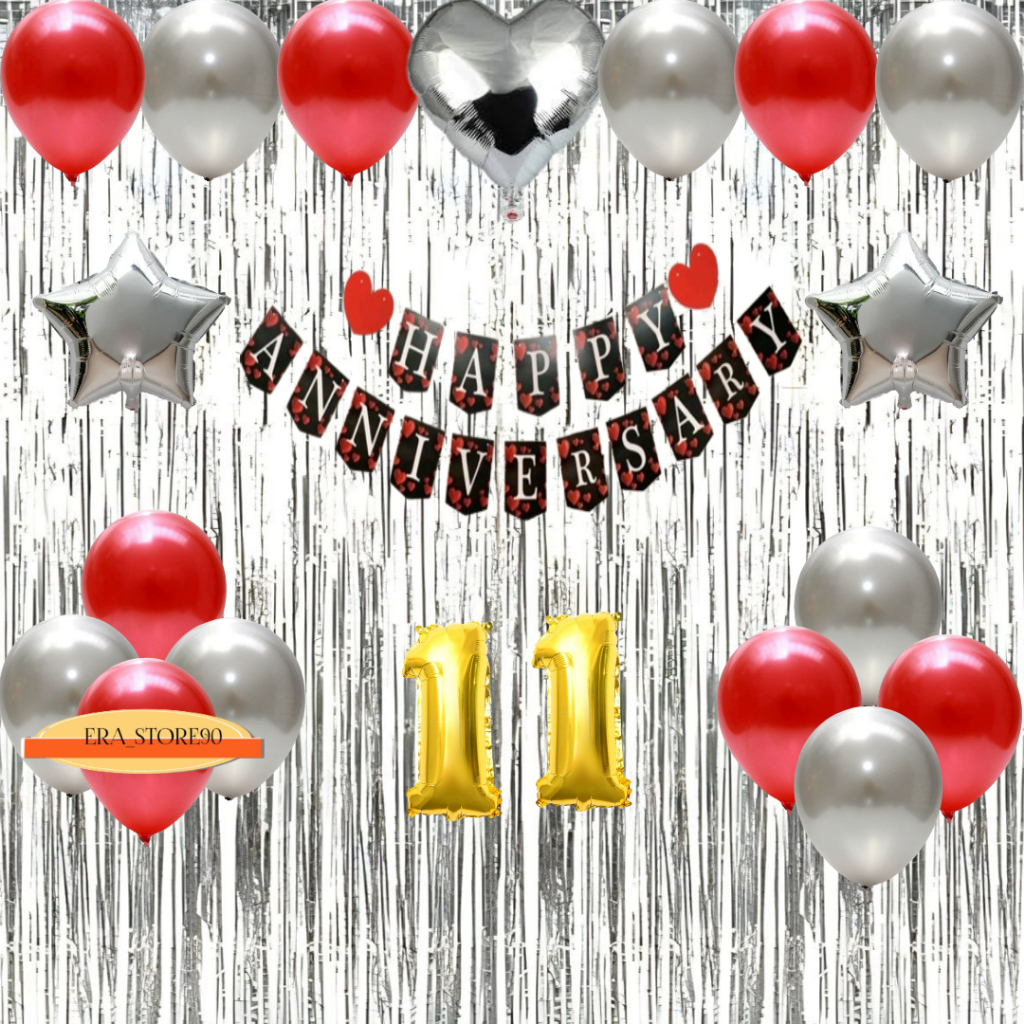 Set Dekorasi Balon Banner Happy Anniversary Tirai Silver Backdrop Hiasan Ultah Pernikahan SIMPLE