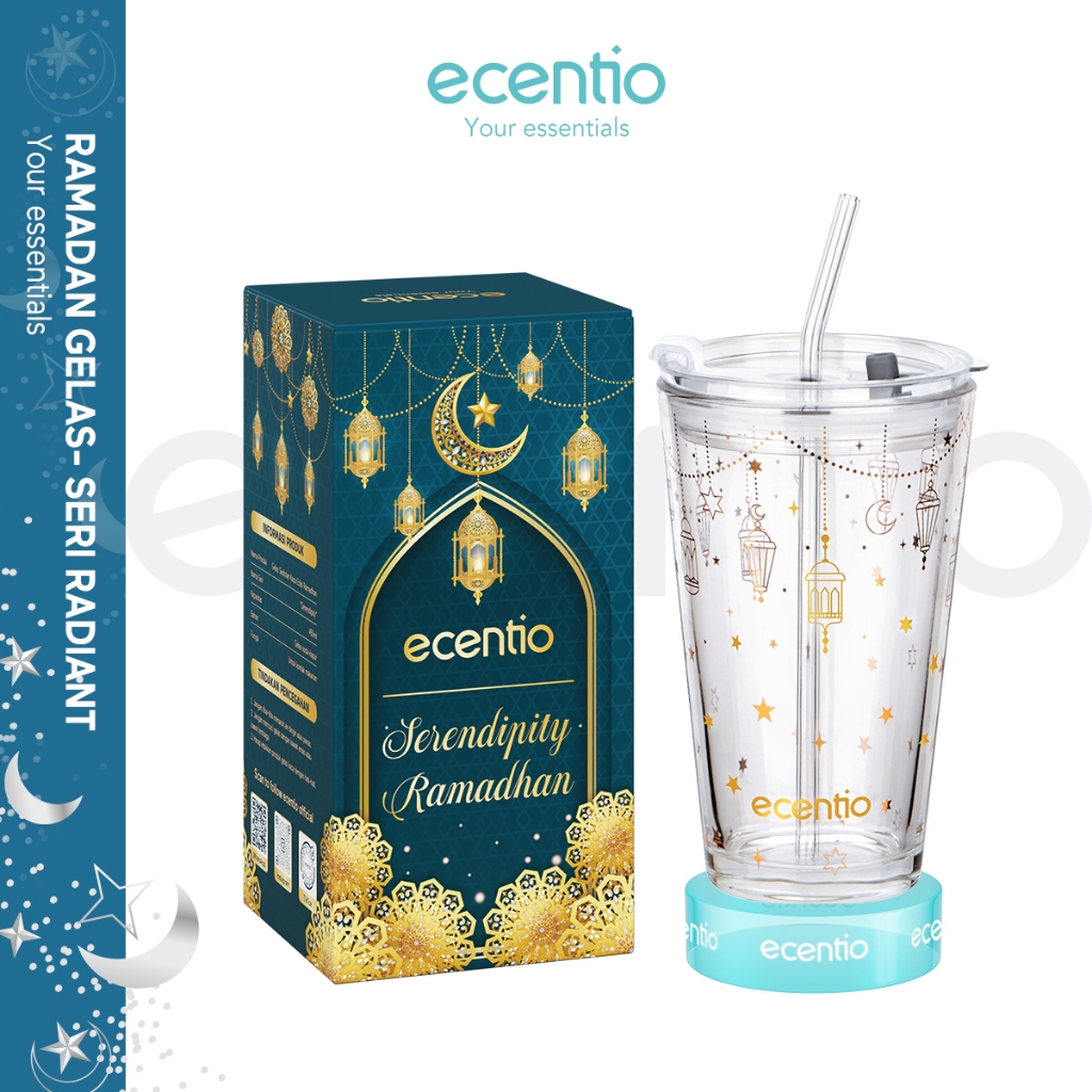 GARANSI (COD) ECENTIO TUMBLER KACA RAMADAN 450ML BOTOL AIR TEMPAT MINUM KACA /BOTOL BENING ANTI