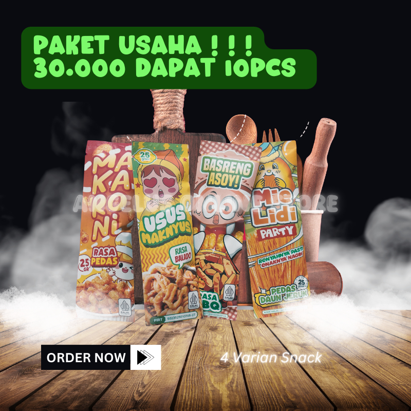 

PAKET USAHA 10 Pcs Snack Camilan Basreng, Makaroni, Mie Lidi, Usus Grosir