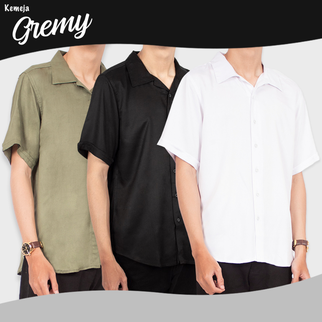 FortKlass Gramy Kemeja Pria Cowo Cowok Polos Pria Lengan Pendek Kemeja Santai Kantor Rayon Twil Keme