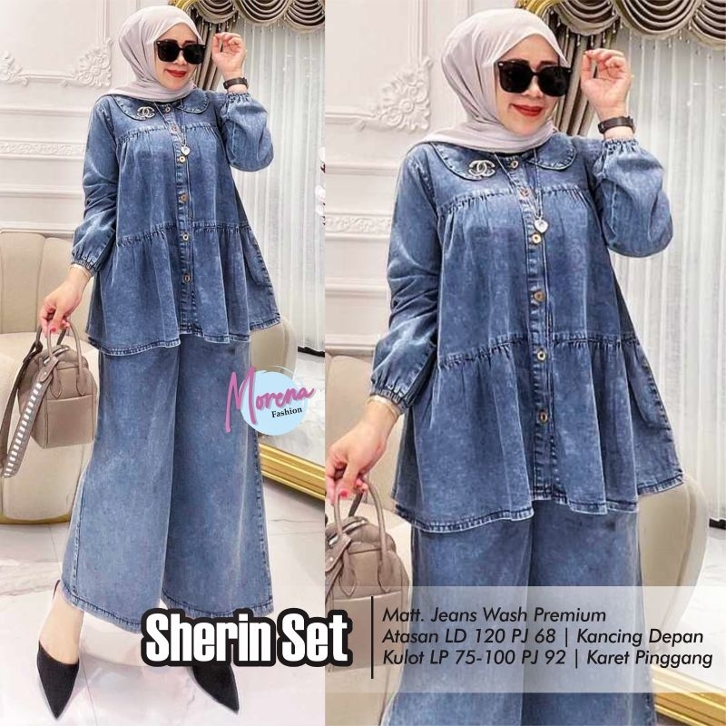 Sherin One Set Setelan Celana Kulot Blouse Jeans Snow Ld 120 Jumbo Fit XXL Busui Kancing By Morena
