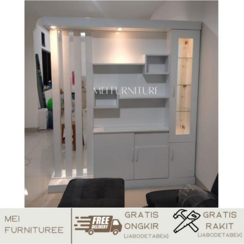 Lemari penyekat partisi ruangan dua sisi muka minimalis - rak pajangan ruang