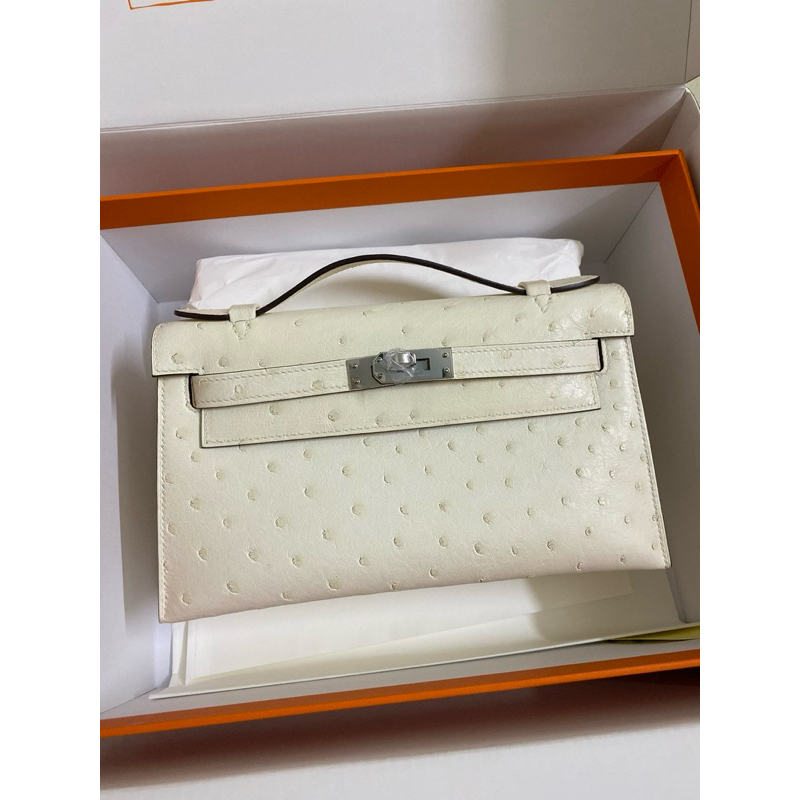 HM Ostrich Kelly Pochette White GHW