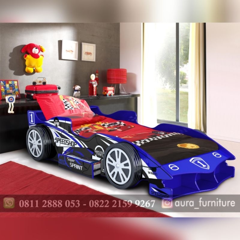 dipan anak karakter mobil balap ferrari,tempat tidur anak cowok terbaru