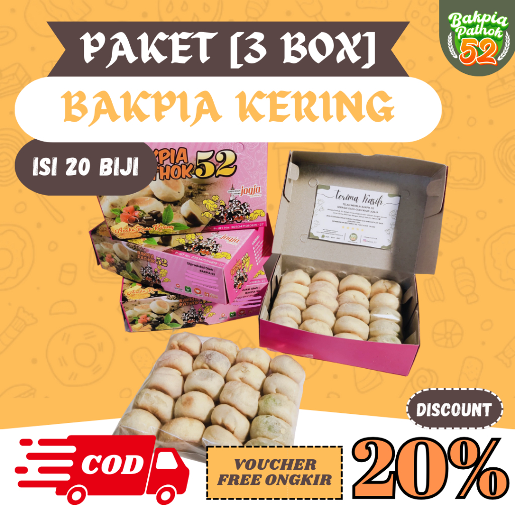 

PAKET [3 BOX] BAKPIA KERING ISI 20 BIJI