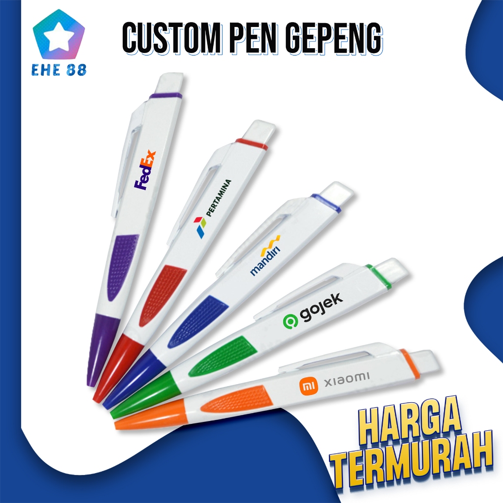 

Custom Logo Nama Pulpen Gepeng - Souvenir Acara Kantor Seminar Premium