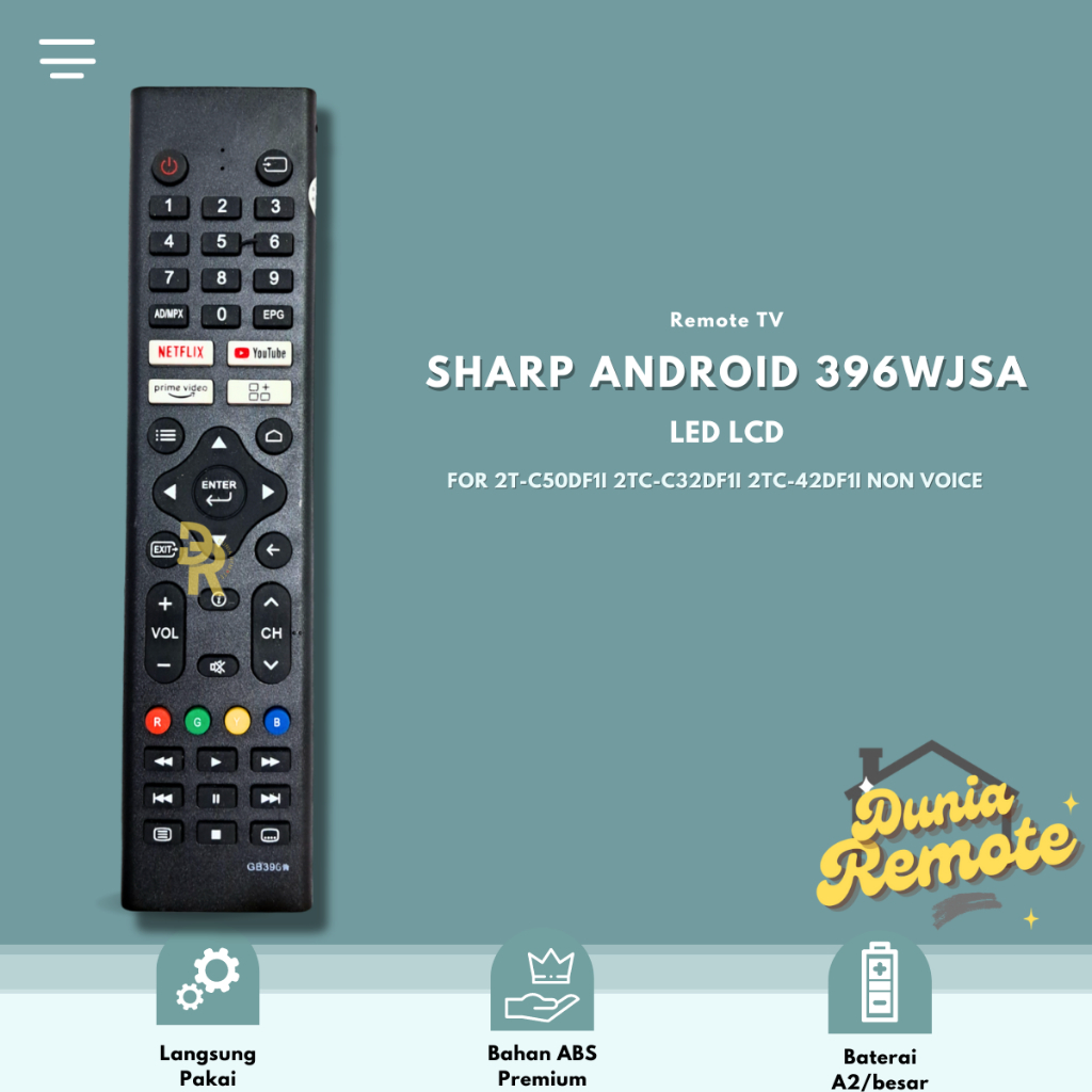 Remot Remote TV SHARP Android Smart LED LCD 396WJSA (untuk 2T-C50DF1I 2TC-C32DF1I 2TC-42DF1I) NON VOICE
