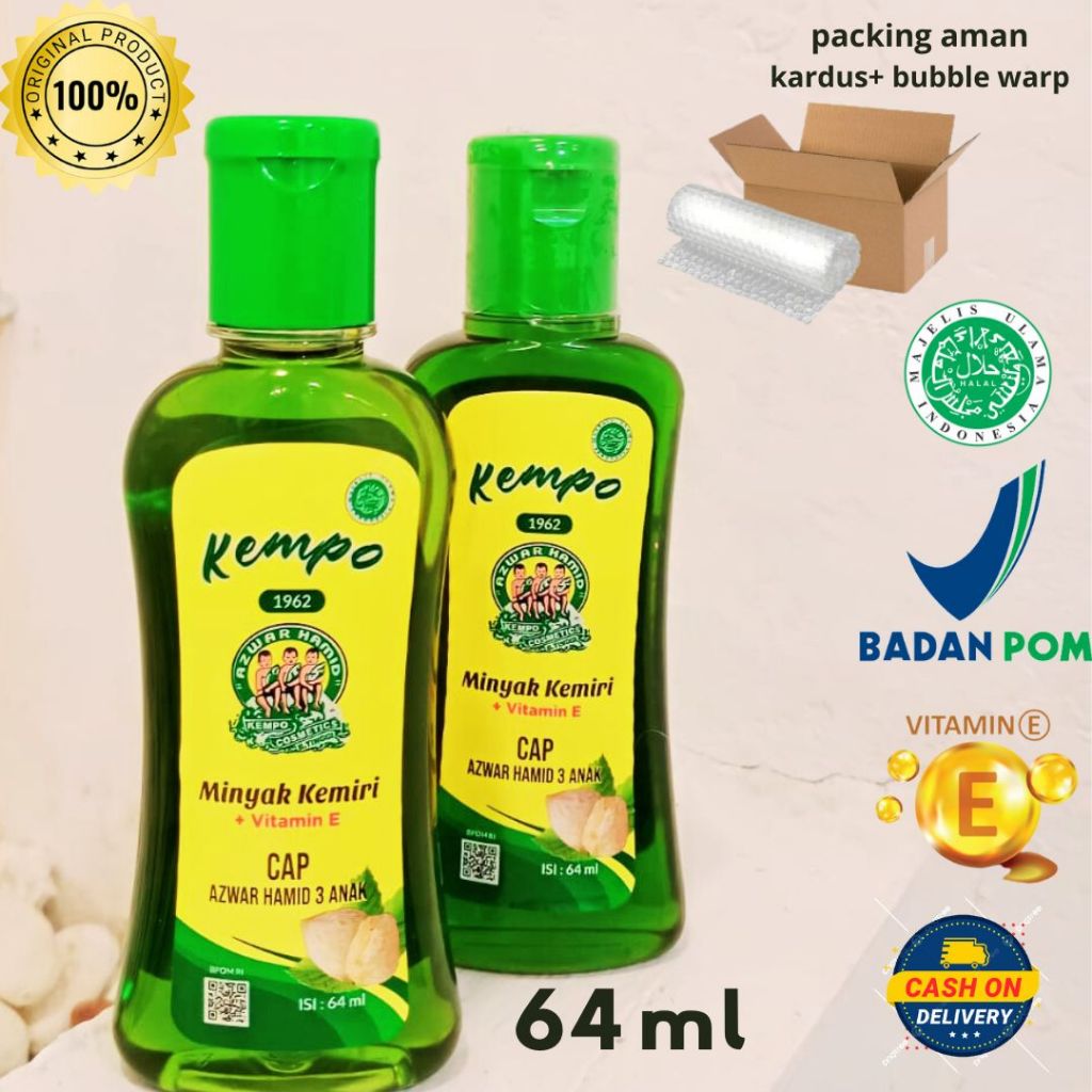 KEMPO Minyak Kemiri Cap Azwar Hamid 3 anak  ekstra vitamin E isi 64 ml Kuning