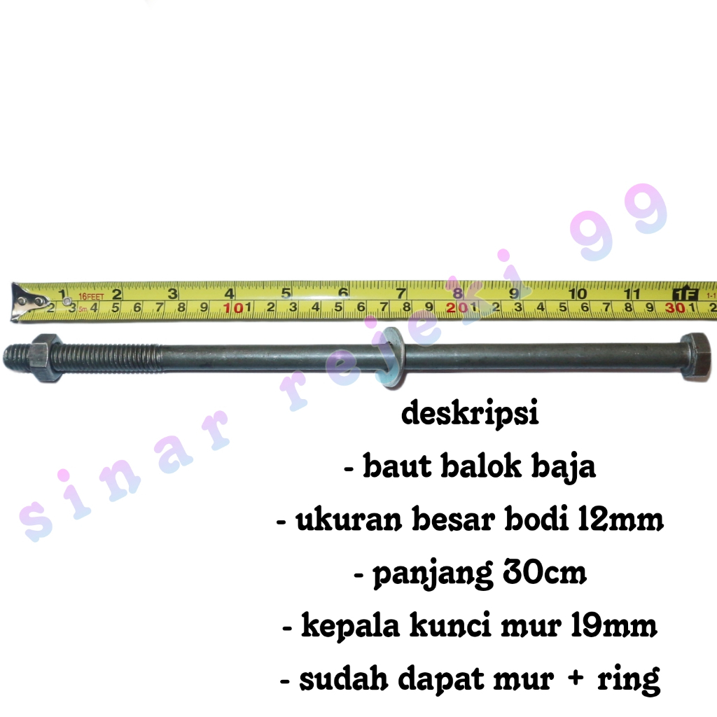 Baut Baja Mur Hitam 30 Cm x 12 Mm Long Thread Bolt Balok Kayu Kanopi