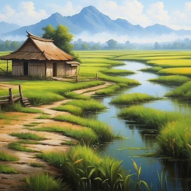 Lukisan Pemandangan Sawah dan Pegunungan (Keindahan Alam Pedesaan)
