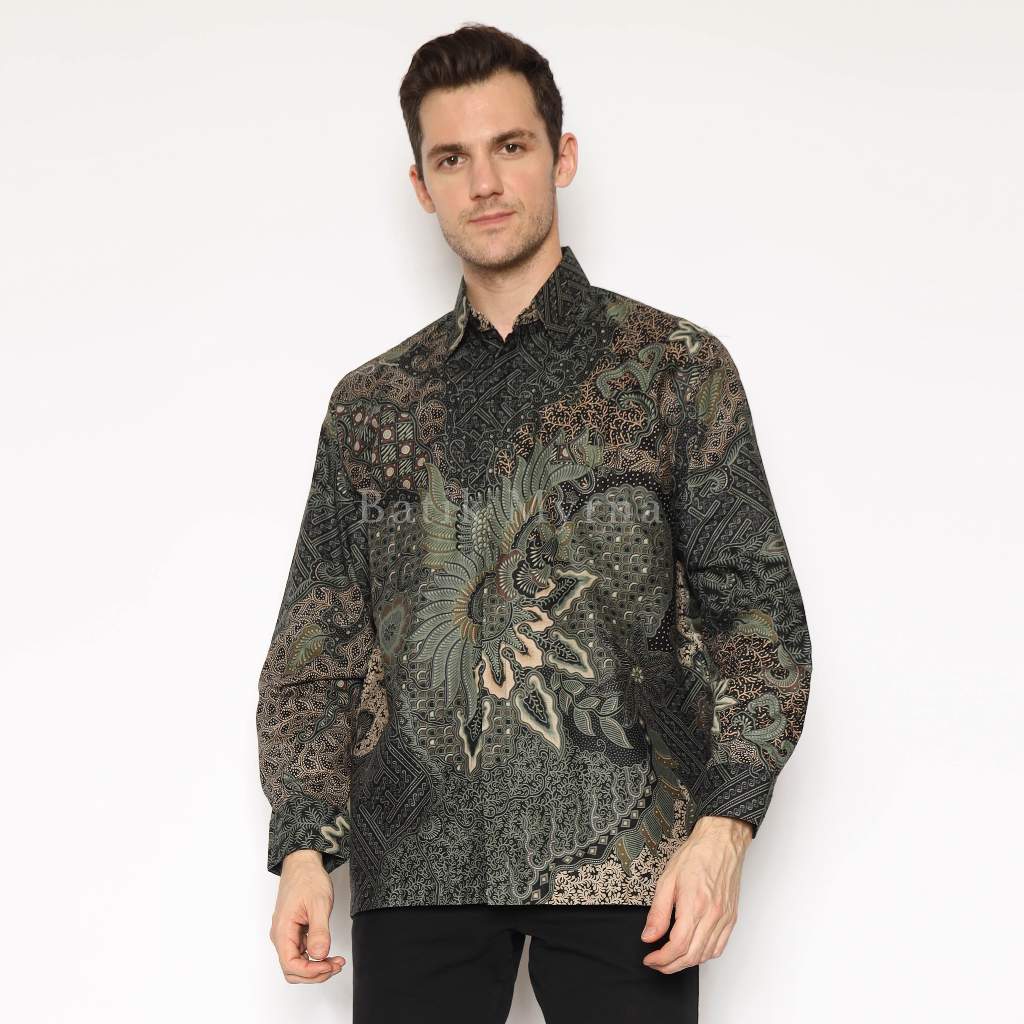 BATIK MYRNA - Kemeja Batik Premium Furing Lengan Panjang Baju Atasan Pria Motif Hijau Botol