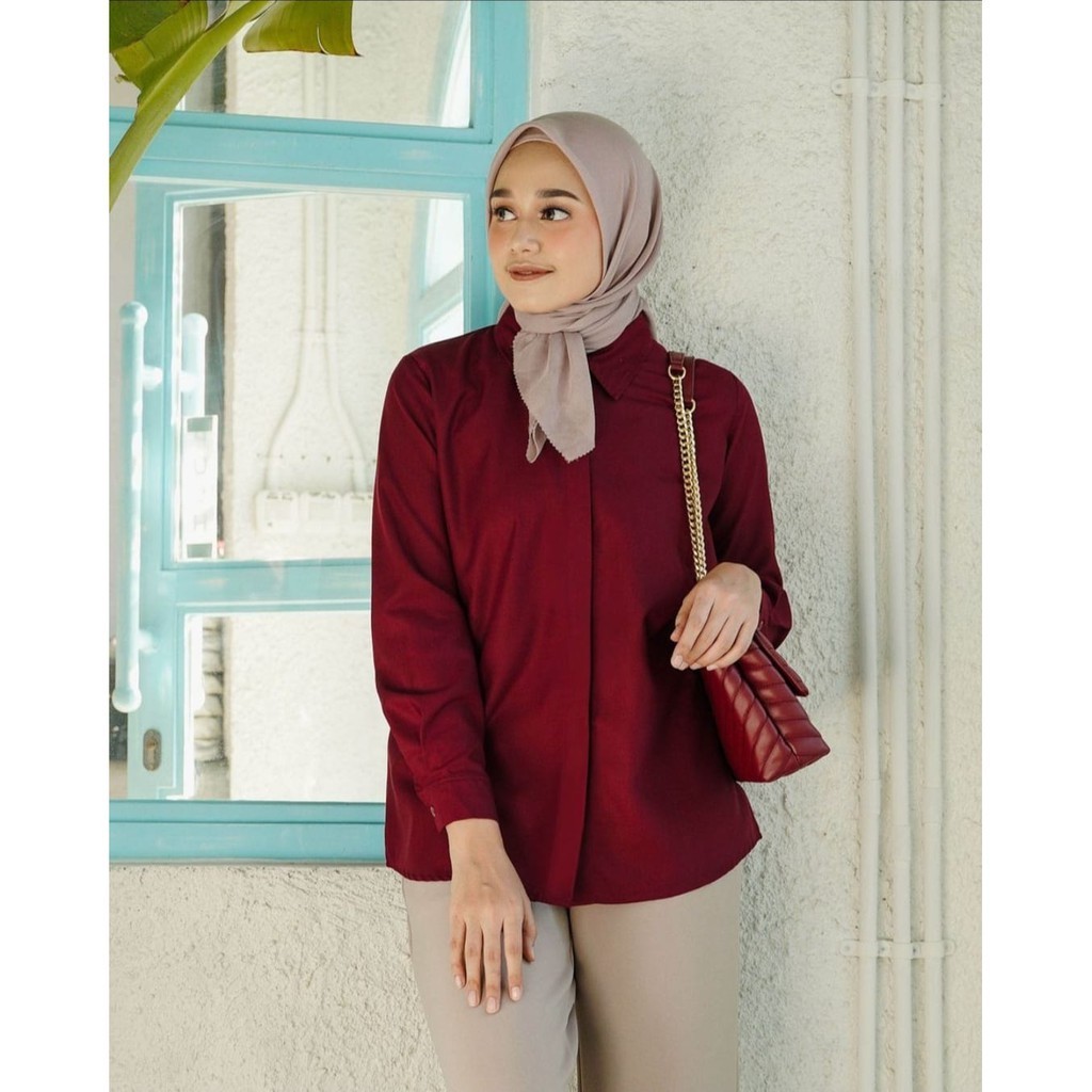 Blouse Kemeja  Wanita Maroon | Atasan Wanita Rolun | Blouse Wanita | Kemeja Lengan Panjang Wanita | 