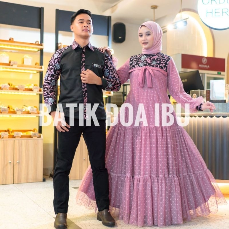 set couple gamis syari modern gamis brukat dan kemeja toyobo batik prada original by batik pekalonga